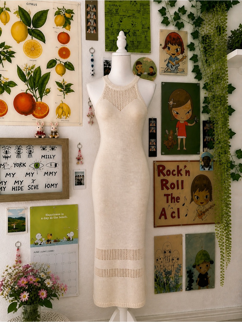 Cream Knit Tank Midi Dress